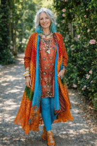 Stylish older woman with silver hair wearing a bright flowing outfit and layered jewelry outdoors.
