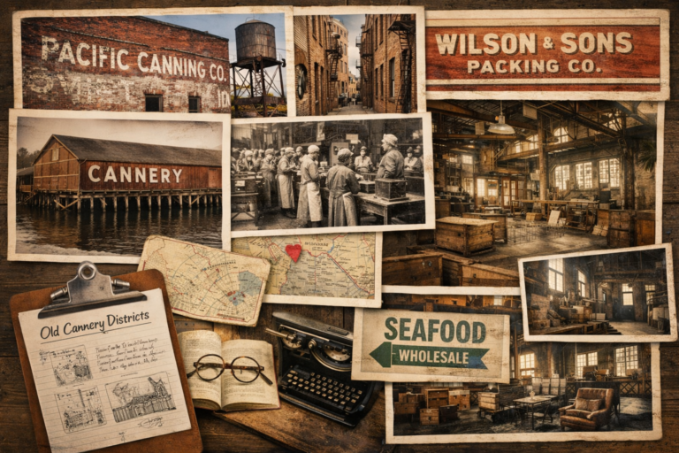 Industrial brick building with warm lighting, representing a lived-in story world and creative writing process